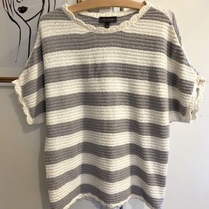 Striped Short-Sleeved Sweater w/ Scalloped Detail